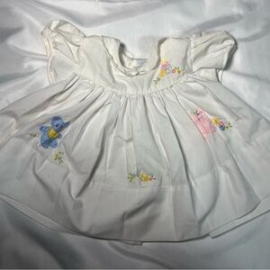 Vintage Nannette Baby Dress Collared 0-3M White Embroidered Bear Floral Blocks